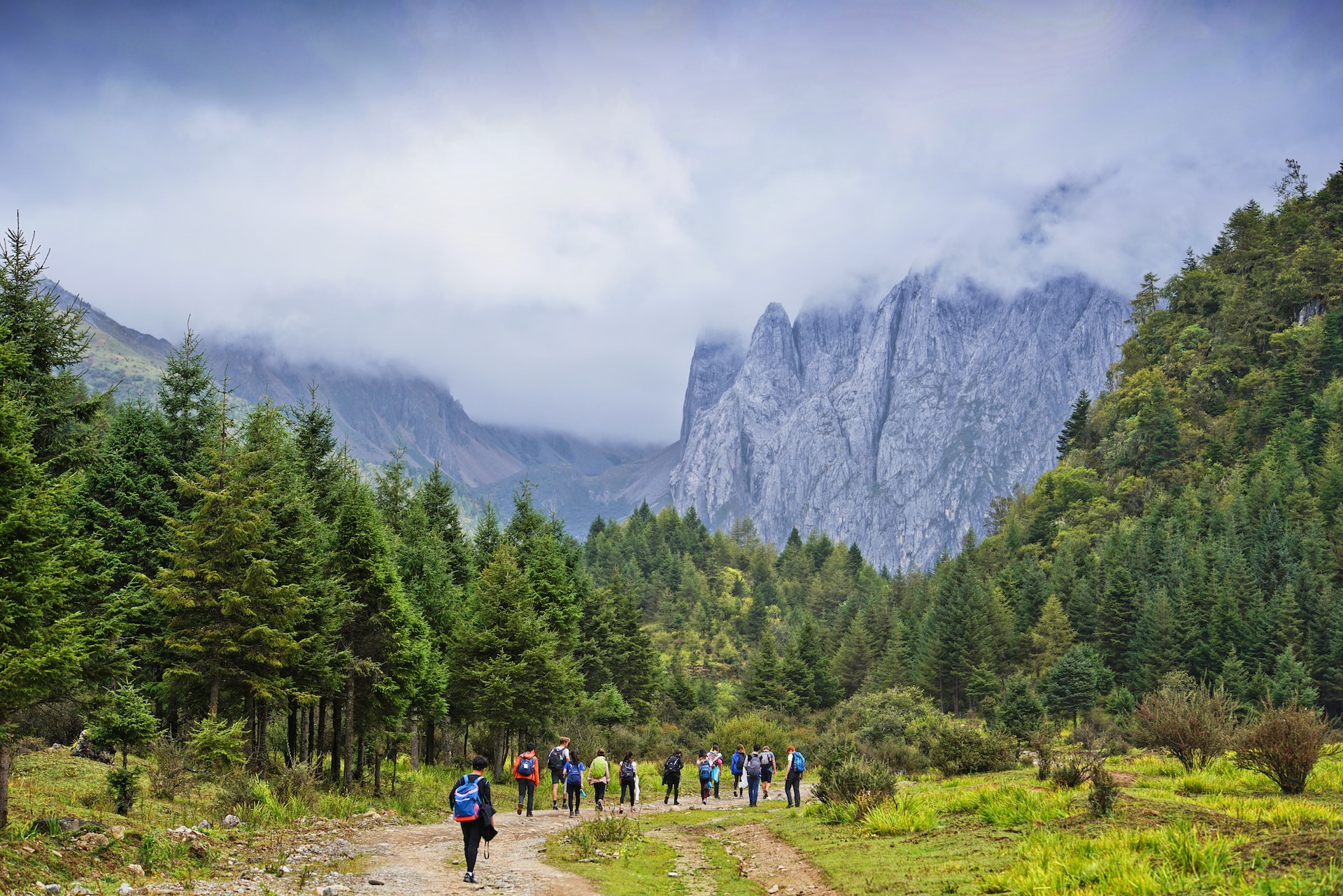 Group of hikers walking through a beautiful mountain.